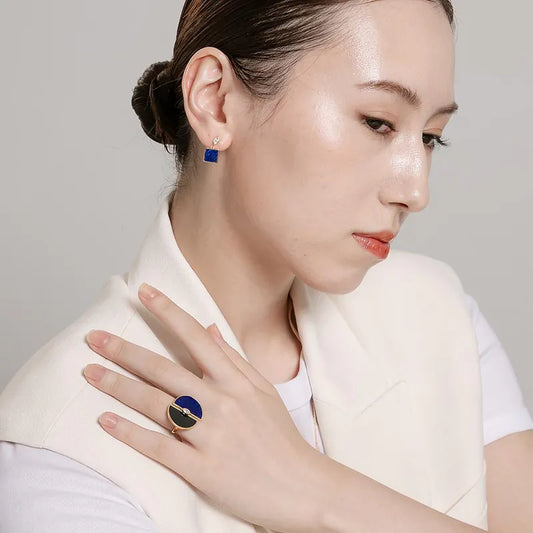 Tracey Chen| 天然小正方青金石未來鑽石耳釘 (单只） Natural Small Square Lapis Lazuli Future Diamond Earring （Single, Not A Pair)