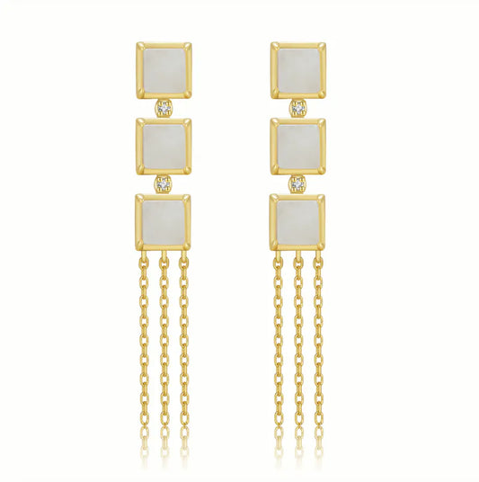 Tracey Chen| 天然翡翠幾何小方流蘇耳釘 Natural Jadeite Geometric Small Square Tassel Stud Earrings