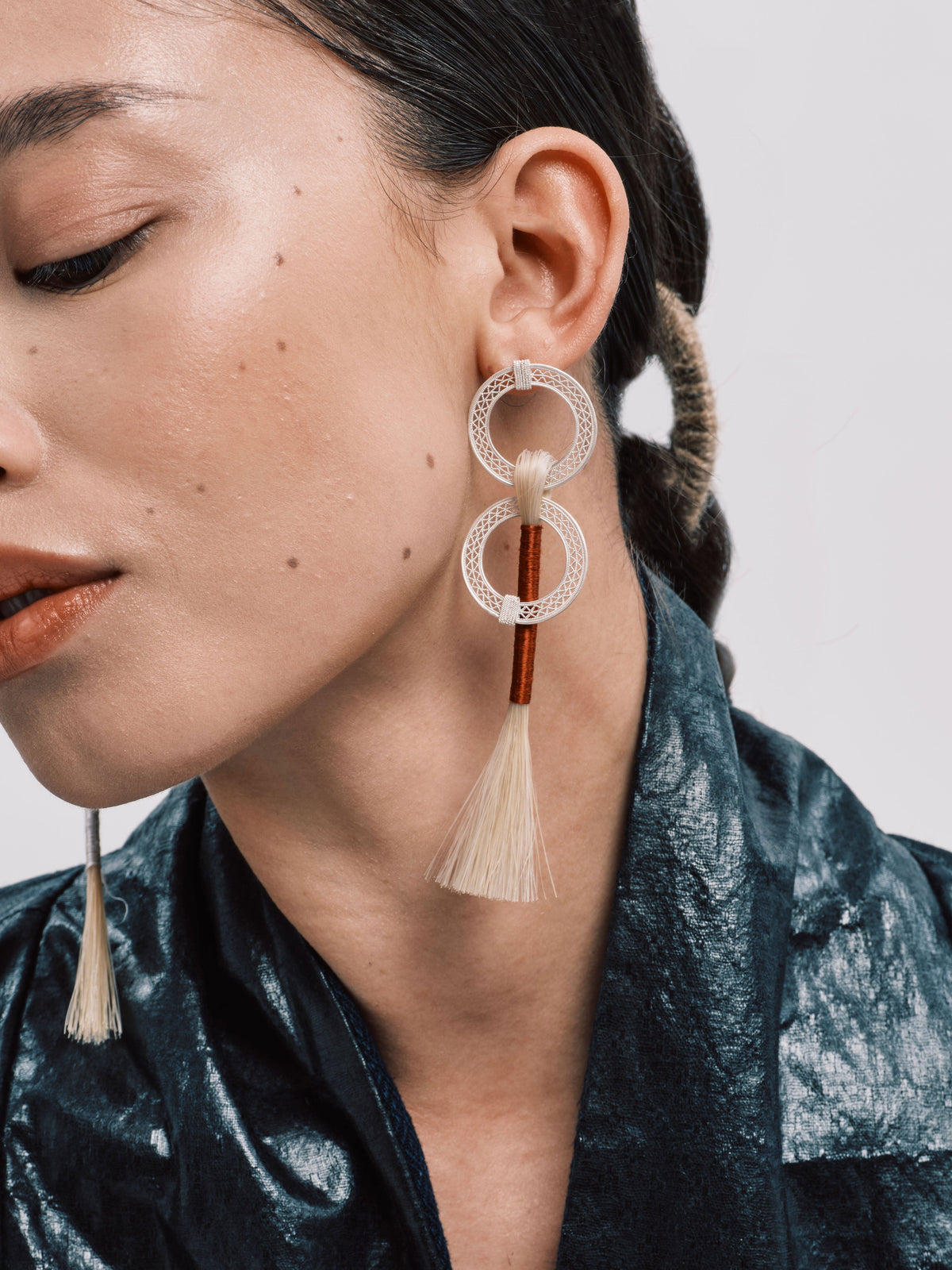 DISTANT HANDS Double Hoop Horsehair Earrings — official model photograph