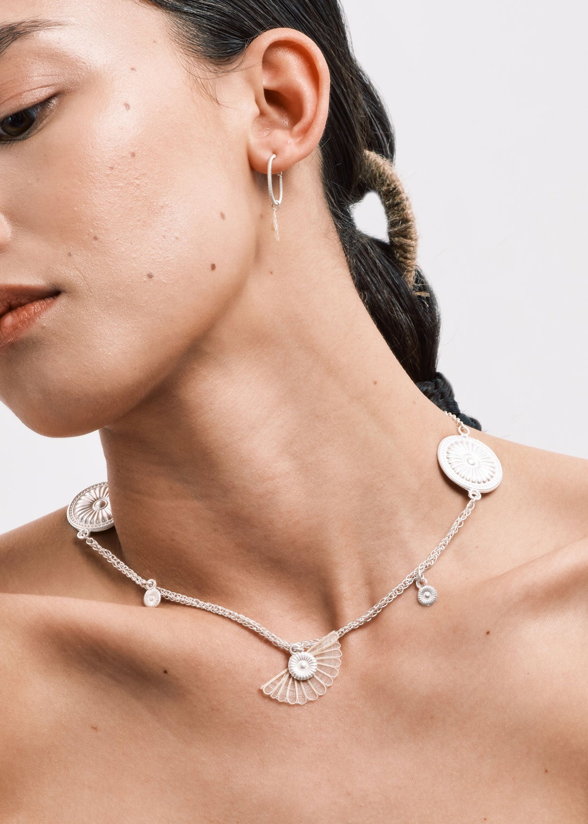 DISTANT HANDS Moon Horsehair Silver Necklace — official model photograph