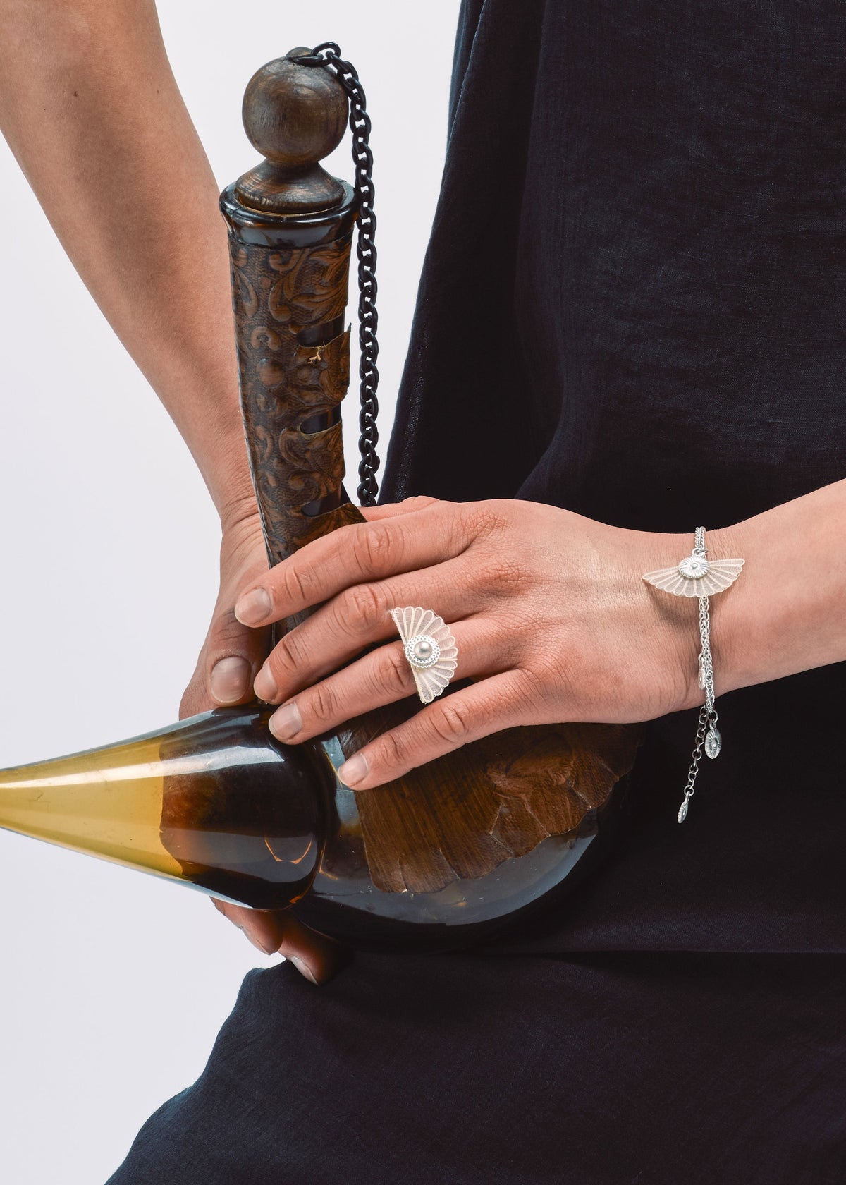 DISTANT HANDS Moon Horsehair Silver Ring — official model photograph