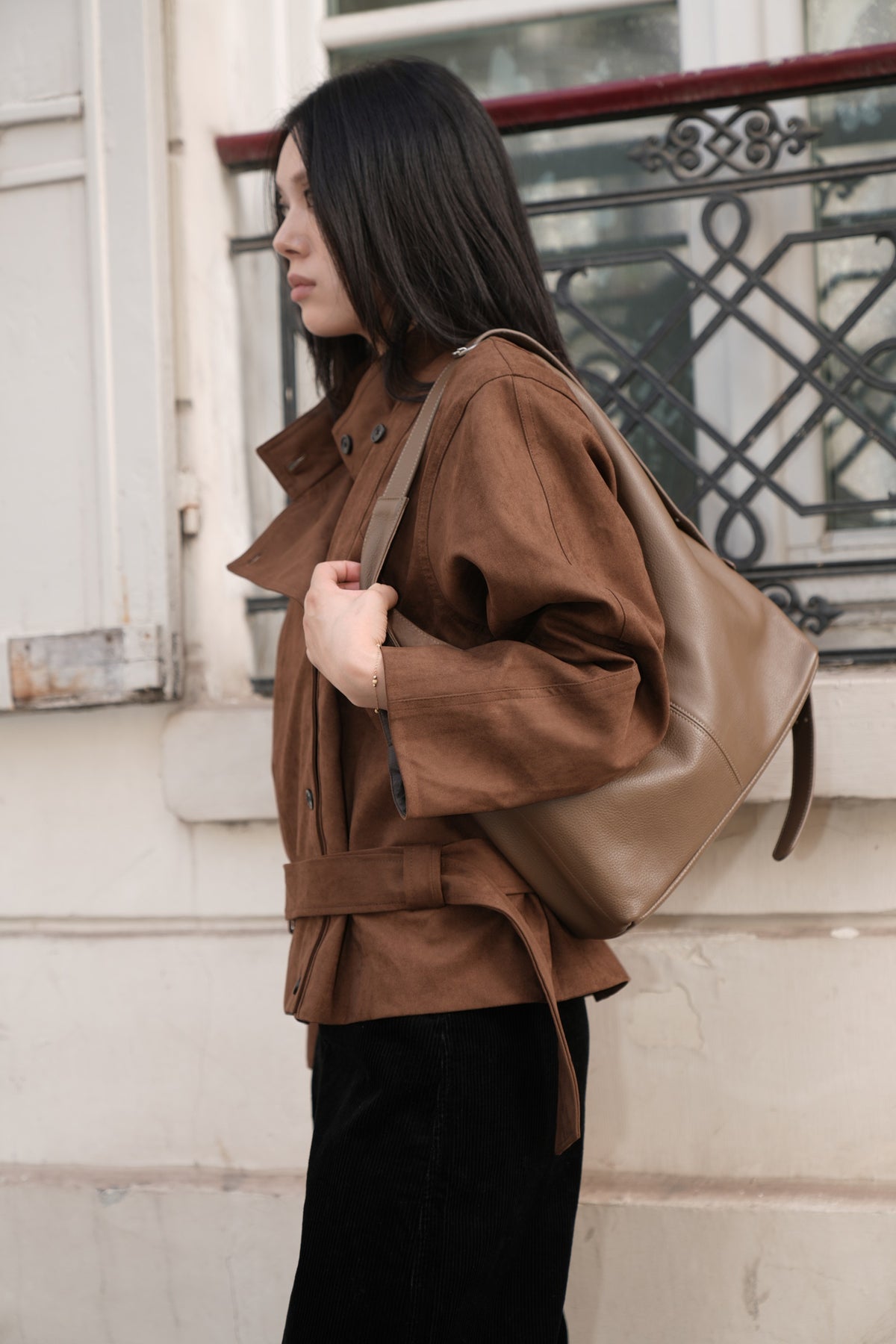 Brown AW26 Cropped Double-Breasted Trench Jacket worn by a model