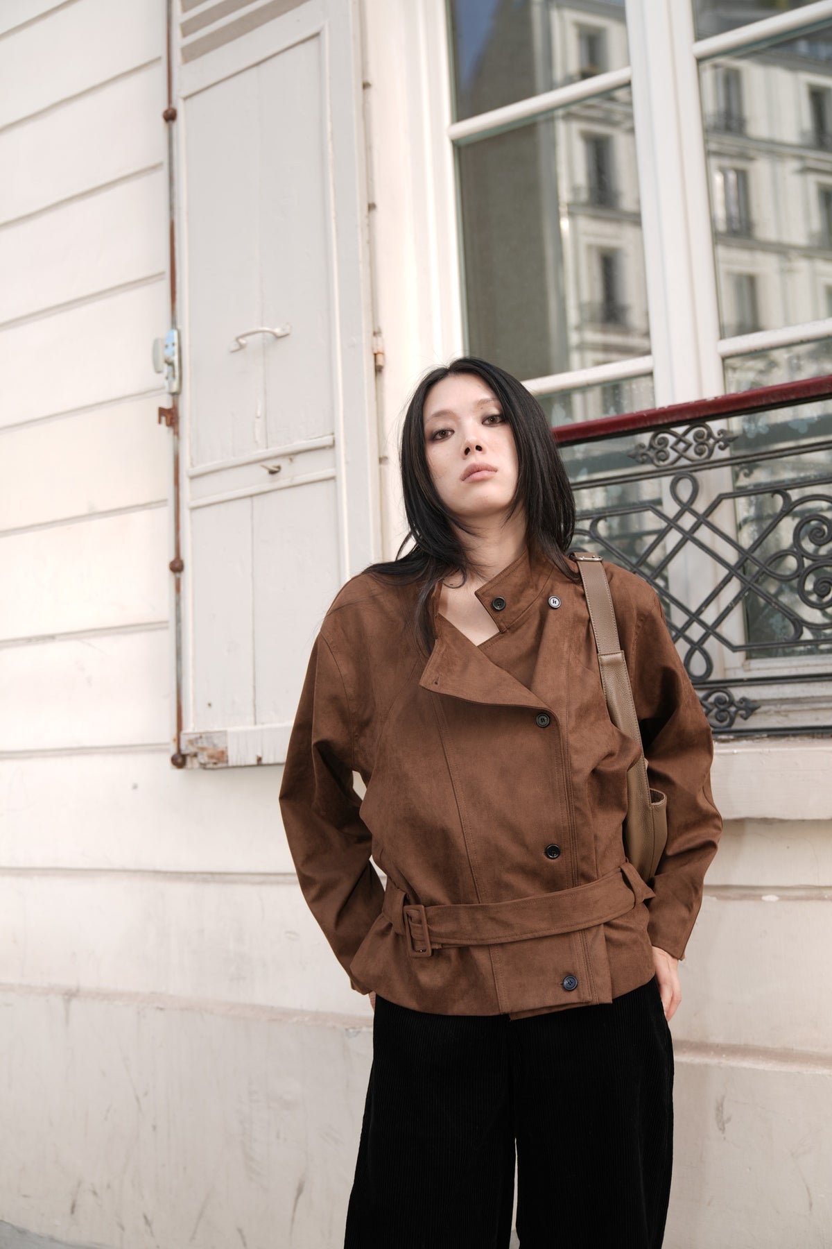 Brown AW26 Cropped Double-Breasted Trench Jacket worn by a model