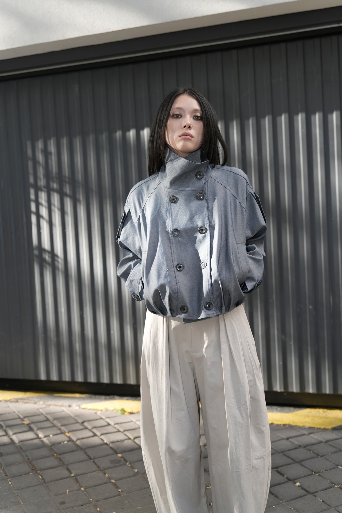 Blue AW26 Cropped High-Neck Double-Breasted Jacket worn by a model