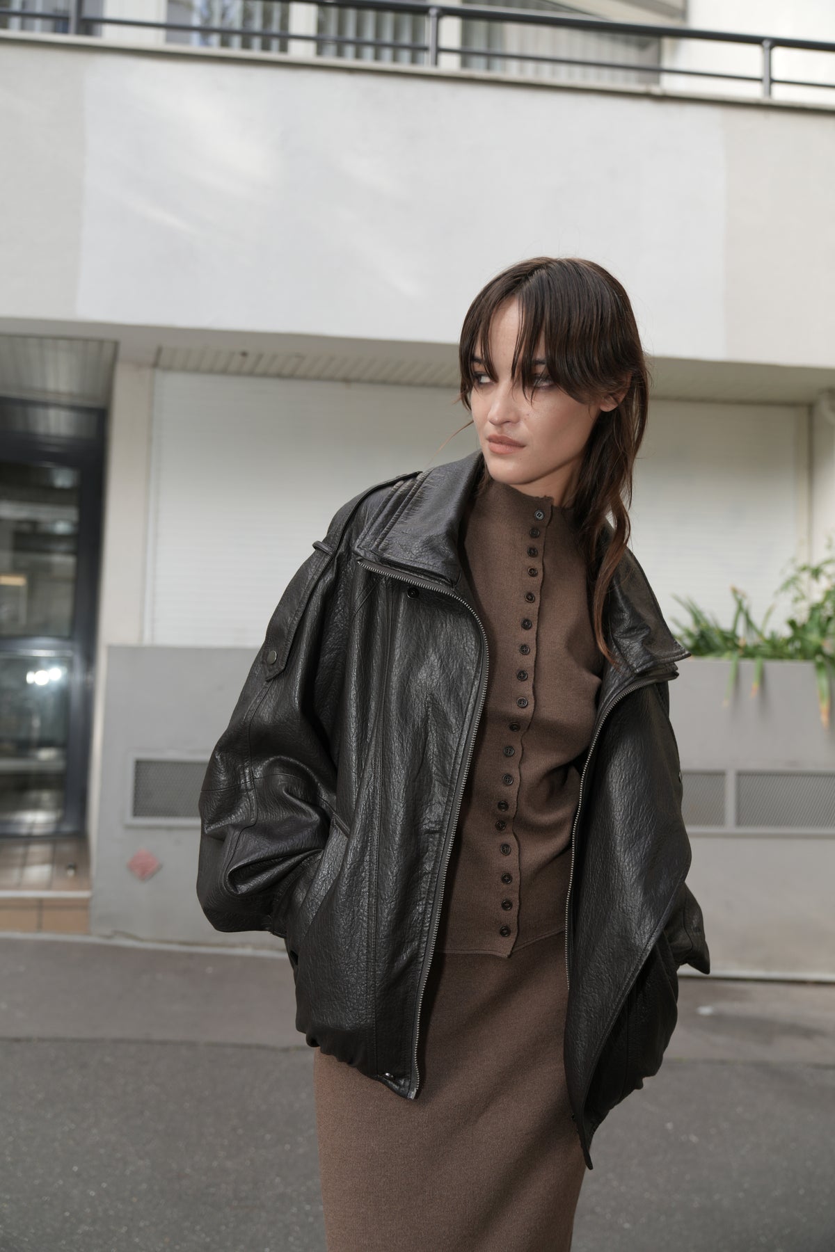 Black Trench Collar Leather Jacket worn by a model