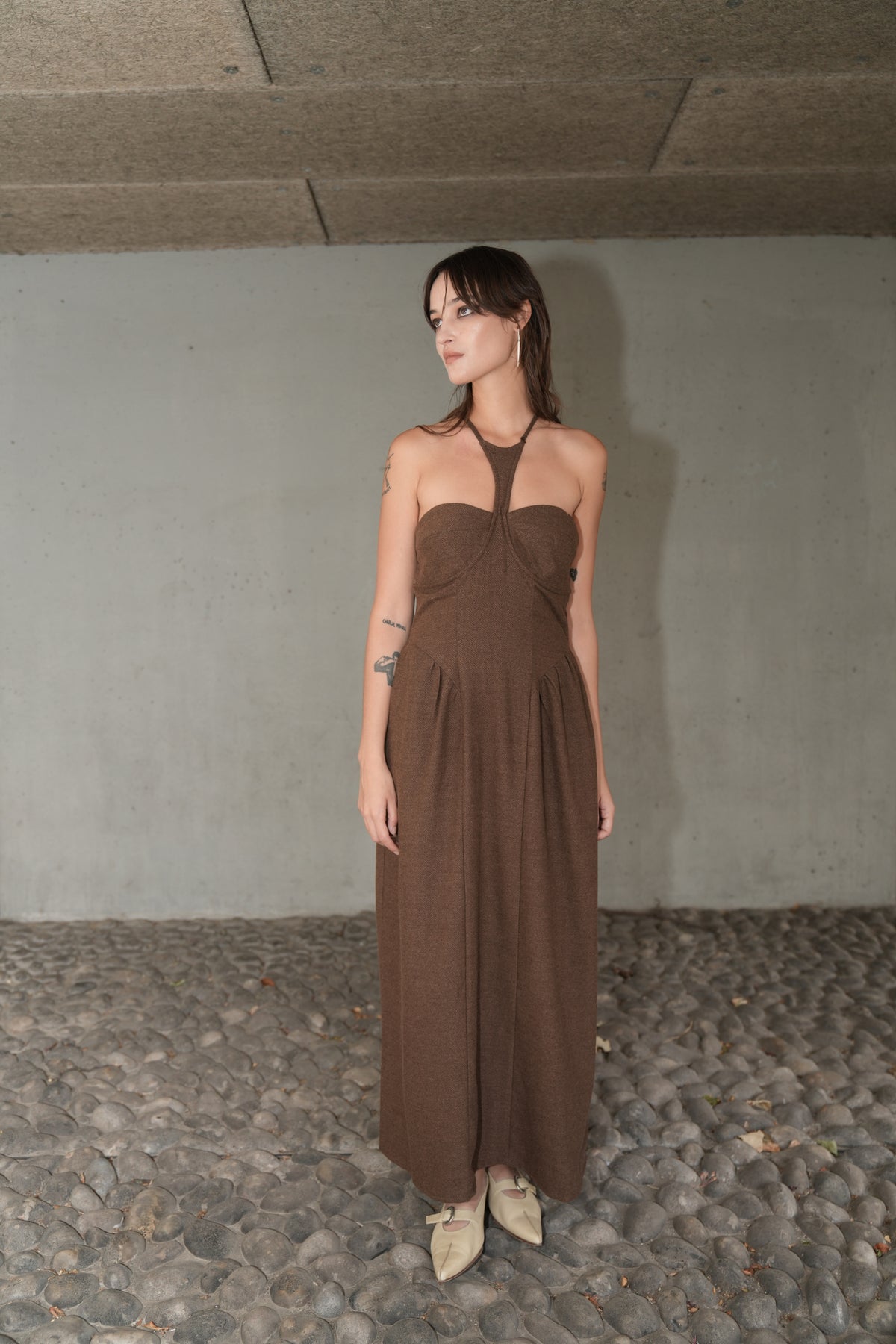 Brown Corset-Bodice Racerback Maxi Dress worn by a model